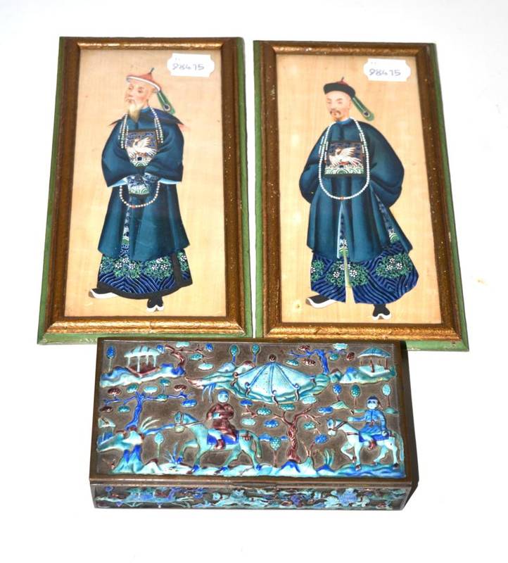 Lot 130 - Chinese enamelled box and a pair of pith paper paintings of mandarins