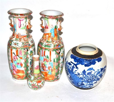 Lot 143 - A pair of Chinese Canton porcelain twin handled vases; a small further Canton bottle vase; and...