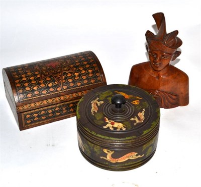 Lot 152 - A 19th century Tunbridgeware casket; an Indian turned pot, painted animals and lid; and a...