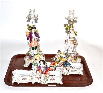 Lot 156 - A pair of Dresden figural candelabra, early 20th century; with another pair (4)