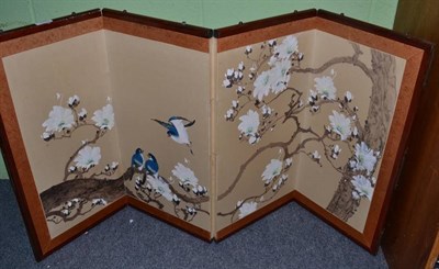 Lot 182 - A 20th century Chinese four-fold table screen, hand-painted birds and foliage, faux bamboo...