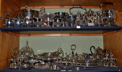 Lot 183 - A large quantity of assorted silver plated wares to include tea services; a kettle; egg cruets;...