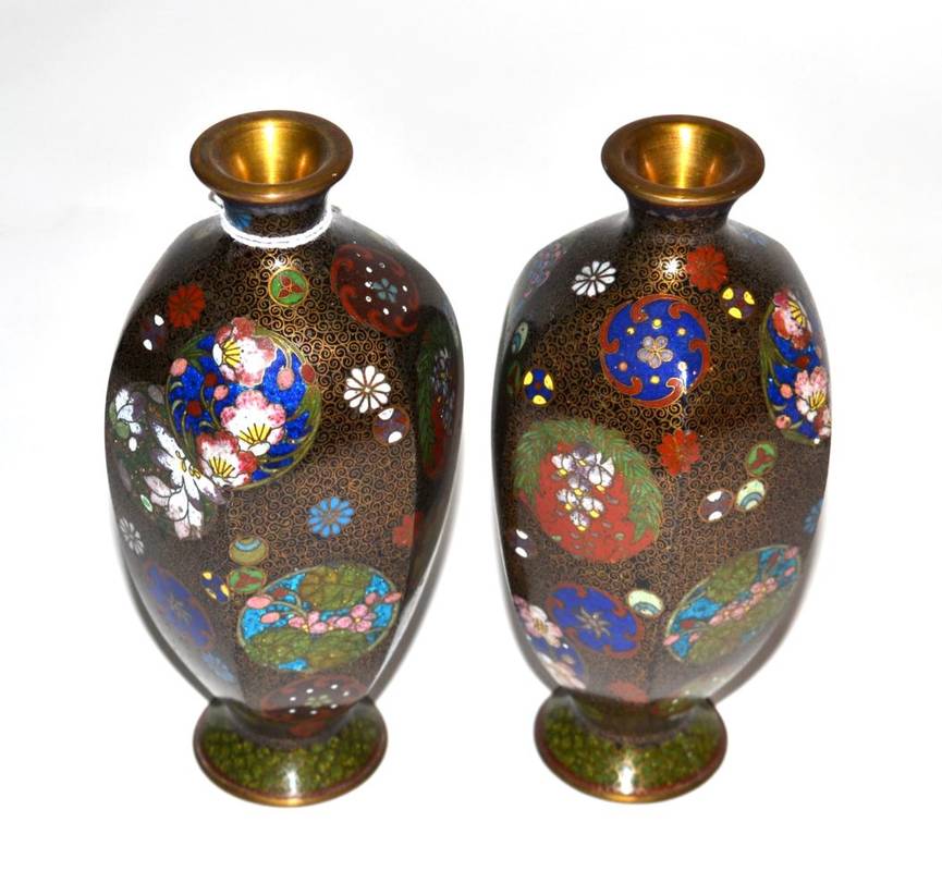 Lot 202 - A pair of hexagonal Japanese cloisonne vases