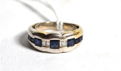 Lot 226 - A modern sapphire and diamond set ring, probably white gold, marks covered