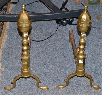 Lot 265 - A bronzed metal lamp modelled as a stag and a pair of brass and steel andirons