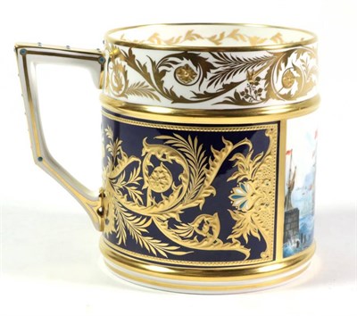 Lot 37 - A Stephen D Nowacki for Lynton porcelain company tankard, painted with ships in full sail, 12cm