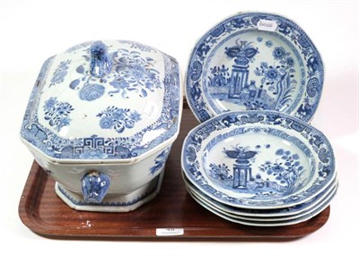 Lot 48 - A Chinese Qianlong blue and white chamfered rectangular tureen and cover together with five...