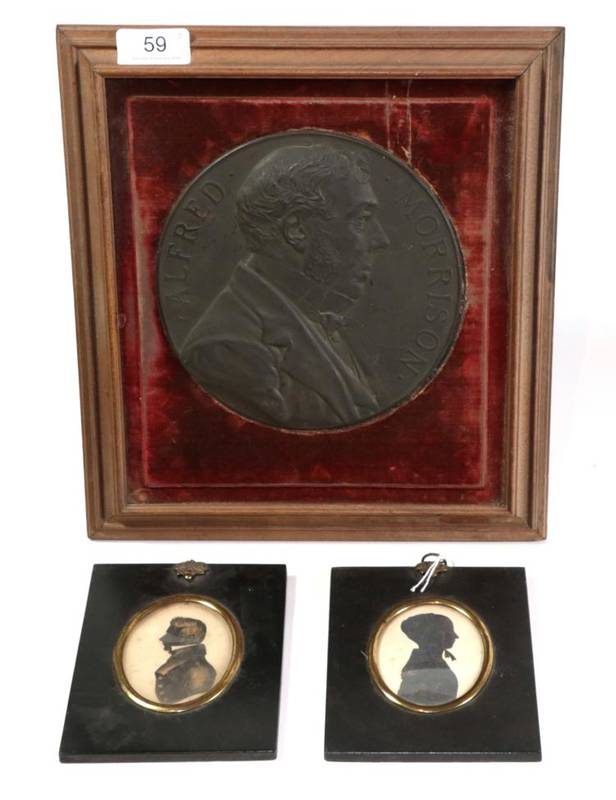 Lot 59 - A circular medallion of Alfred Morrison, in a velvet mount and wooden easel frame and two 19th...