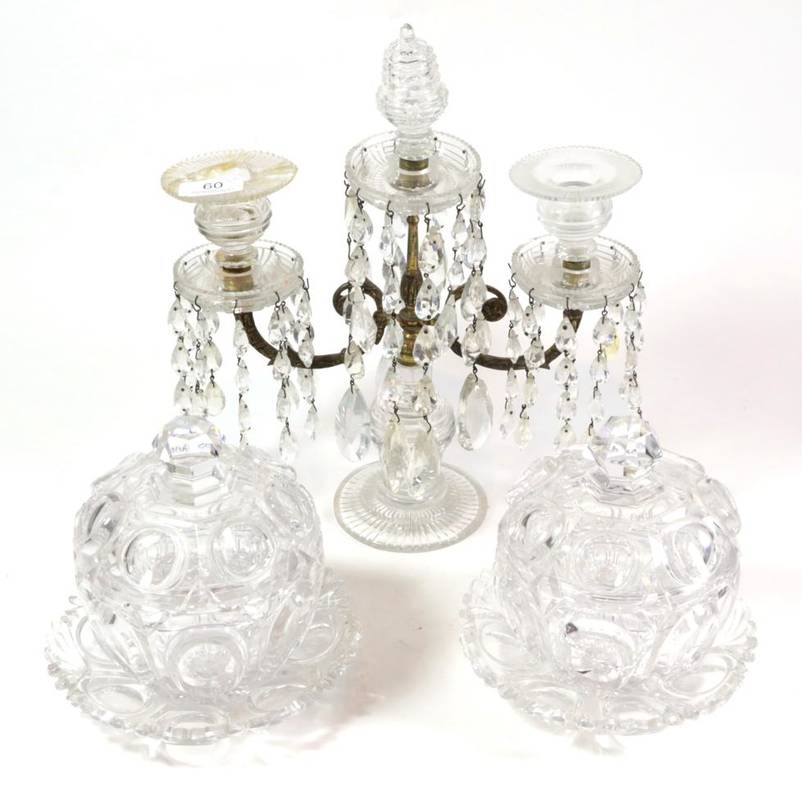 Lot 60 - A pair of early Victorian glass bowls and covers on stands and a glass two-light candelabrum (a.f.)