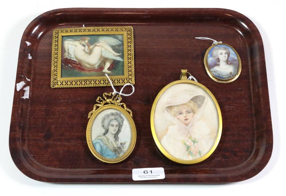 Lot 61 - A portrait miniature of Leida and the swan, initialled P H, lower right; together with three...
