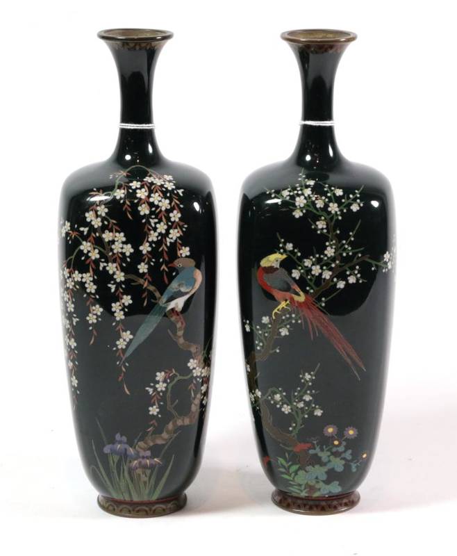 Lot 65 - A pair of cloisonne vases decorated with flowers and birds