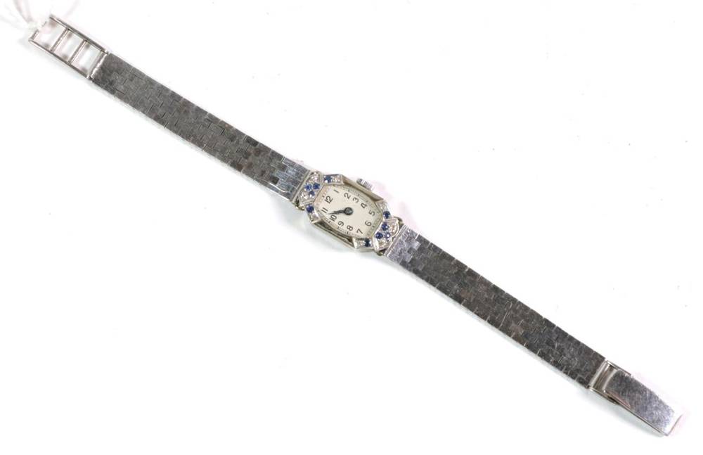 Lot 84 - A lady's 18 carat white gold diamond and sapphire set cocktail wristwatch, with a later...