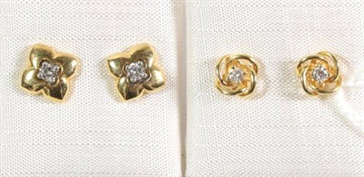 Lot 99 - Two pairs of 18 carat gold diamond set earrings