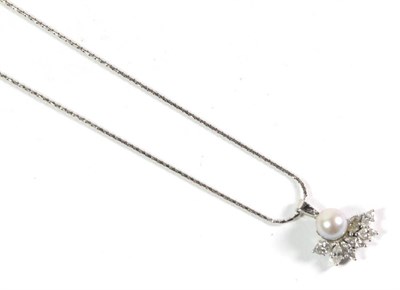 Lot 100 - A cultured pearl and diamond pendant, on chain, a cultured pearl above a cluster of marquise...