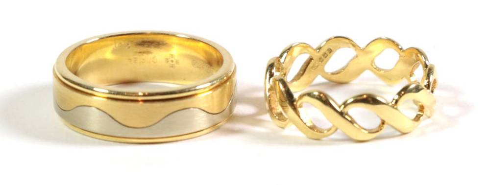 Lot 105 - An 18 carat gold entwined ring, finger size L1/2; and an 18 carat two colour gold band ring, finger