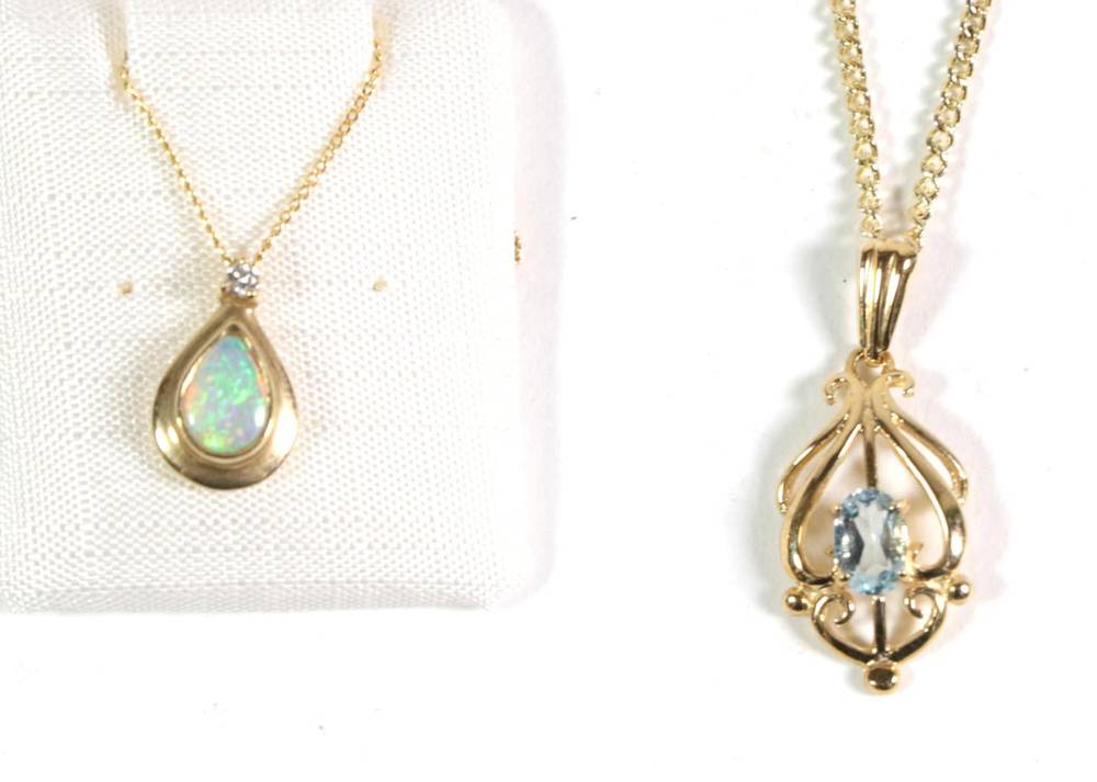 Lot 117 - An opal and diamond pendant stamped '375' on chain stamped '375', pendant length 1.5cm, chain...