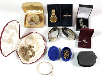 Lot 132 - Assorted wristwatches and costume jewellery including a 9 carat gold enamelled white rose dress...