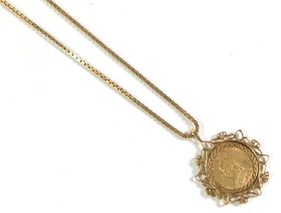 Lot 136 - A Victorian sovereign dated 1889, in a loose 9 carat gold mount, on a 9 carat gold chain,...