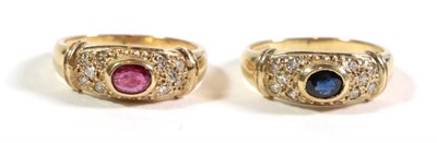 Lot 144 - Two nine carat gold rings, one set with a ruby and one with a sapphire and diamond encrusted,...