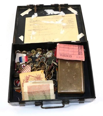 Lot 165 - A group of collectables including a desk seal; enamelled badges and pins; military ribbons and...