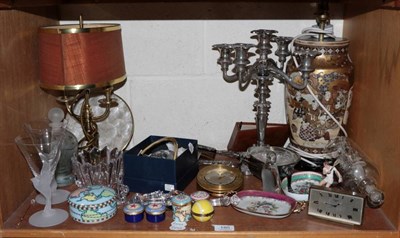 Lot 180 - An antique Satsuma vase as a lamp; a brass lamp; a metal candelabrum; together with sundry...