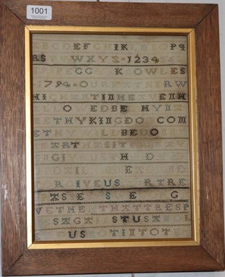 Lot 1001 - An 18th century band sampler, by Peggy Knowles, dated 1794, the upper section worked with an...