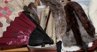 Lot 1007 - Assorted fans (some a.f.), a pair of grey fur and leather gloves, a fur collar, baby clothes etc