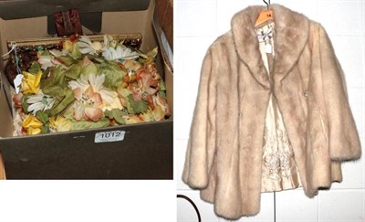 Lot 1012 - A mink coat; a floral hat with label marked Christian Dior; and a costume clutch bag