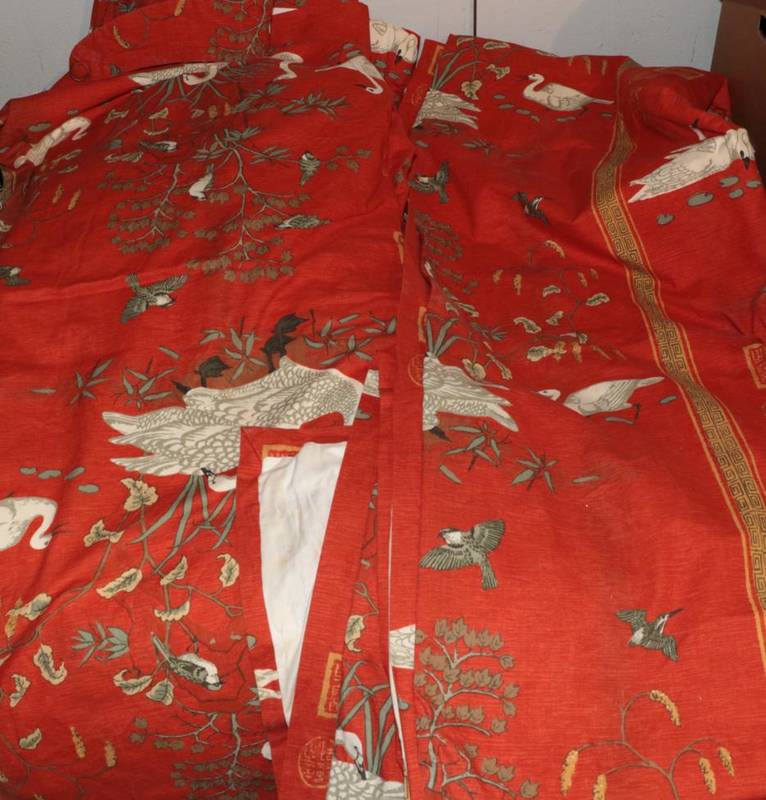 Lot 1013 - A pair of long Greeff ''Aviary from the Emperors Gallery'' curtains, on rust coloured cotton ground