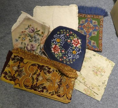 Lot 1026 - Assorted textiles and other items including a pair of 4ft Victorian pelmets, embroidered panel,...