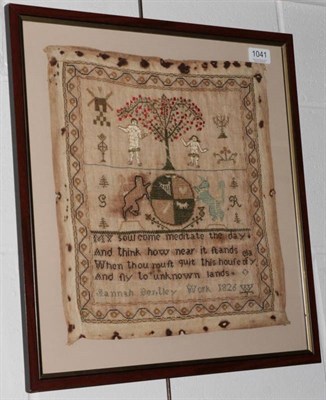 Lot 1041 - Adam & Eve Sampler worked by Hannah Bentley dated 1826, with religious verse to the lower...