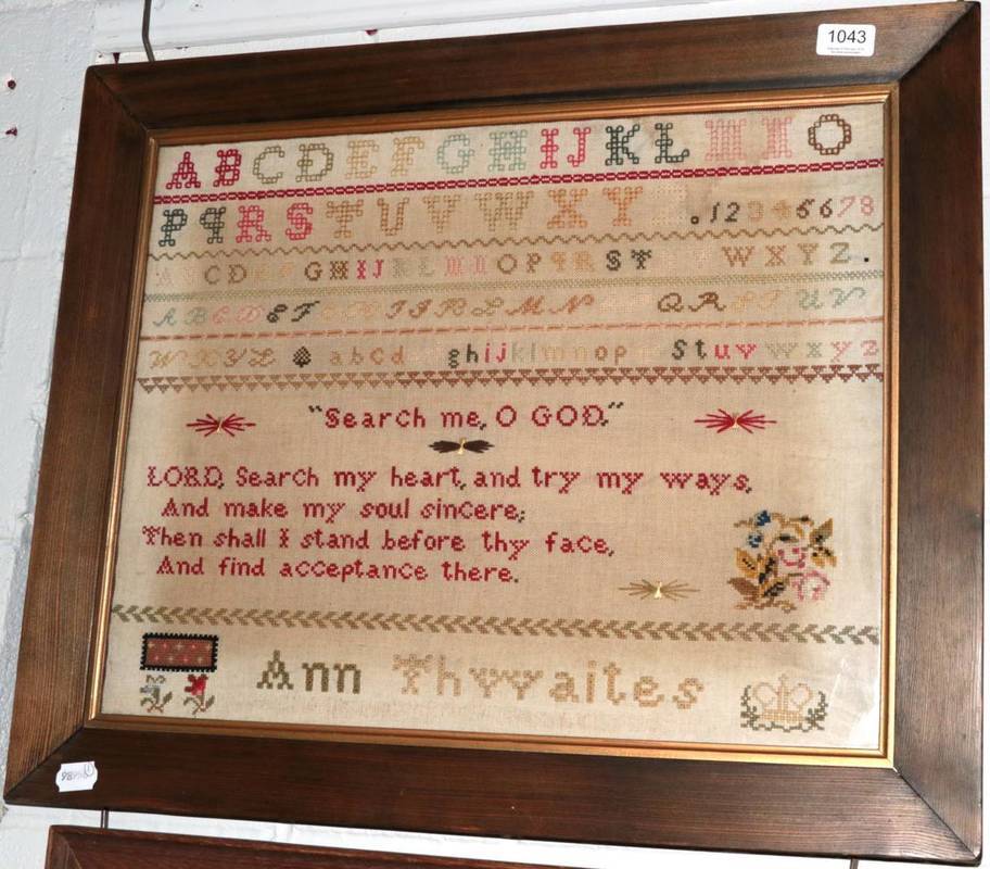 Lot 1043 - Late 19th century framed alphabet sampler by Ann Thwaites, together with a copy of family...