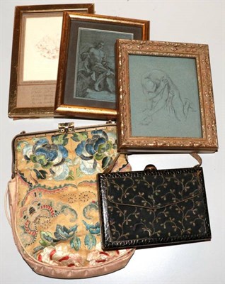 Lot 1068 - Circa 1920's Chinese embroidered evening purse; Ritz hinged compact evening bag; framed drawing...