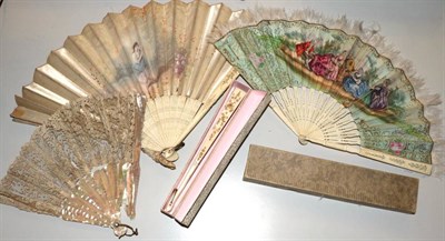 Lot 1069 - Four 19th century hand fans, to include a bone fan with lithographed paper leaf depicting...