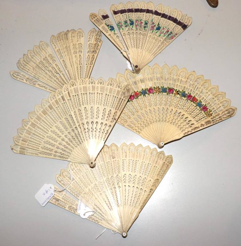 Lot 1070 - Five early 19th century bone brisé fans, comprising an example painted with cheerful flowers,...