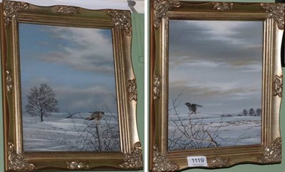 Lot 1119 - Carl Whitfield, Kestrel on a fencepost in the snow together with a companion (2)