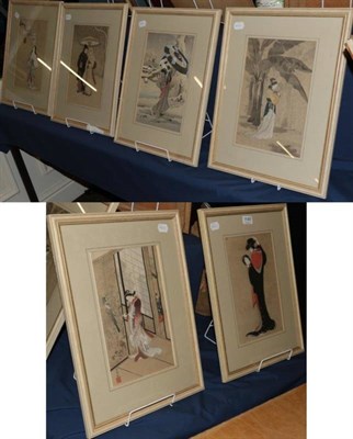 Lot 1140 - Six Japanese late Meiji period woodblock prints each titled verso: Musume Dojoji, A...