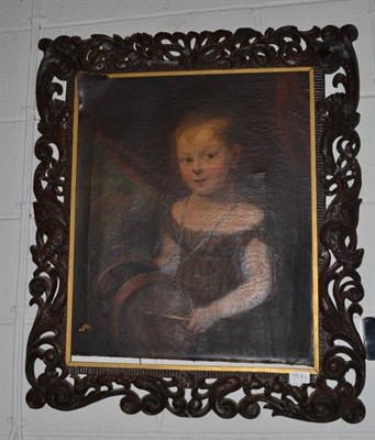 Lot 1145 - A 19th century school portrait of a drummer girl, oil on canvas, within an ornate carved oak...