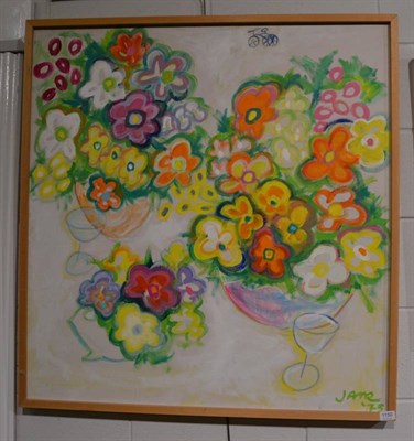 Lot 1150 - Jane ** (Contemporary) Flowers and wine glasses, signed and dated, oil on canvas