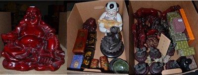 Lot 1171 - A group of modern Chinese figures, models and boxes including: a patinated metal figure of...