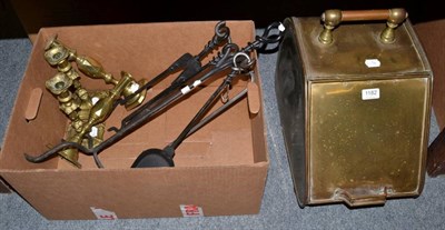 Lot 1182 - A brass coal scuttle; wrought iron fire irons and two pairs of candlesticks