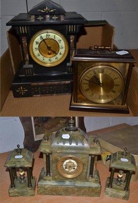 Lot 1190 - A Victorian slate mantel timepiece, a green onyx clock garniture and a Metameck mantel timepiece
