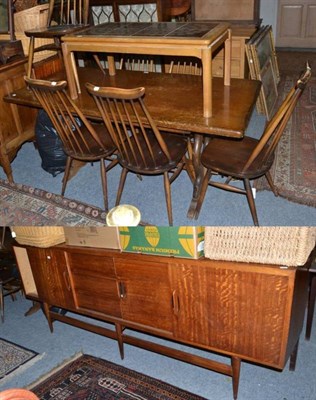 Lot 1232 - A 1970s Danish sideboard; a tile topped coffee table; oak trestle table; and a set of six Ercol...