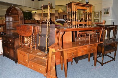 Lot 1234 - A group of furniture comprising; a small reproduction Welsh dresser, an oak lunette carved...