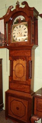 Lot 1369 - An oak and mahogany eight day longcase clock, painted arched dial, inscribed Dickenson, Skipton