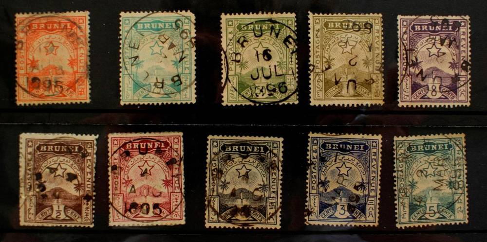Lot 93 - Brunei 1895 set of 10 to $1 CDS used but 8c has pin hole and 25c has rounded corner. Cat Value...
