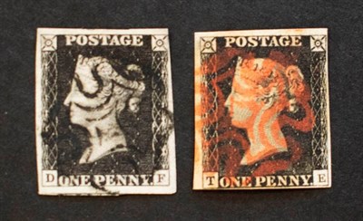 Lot 163 - 1840 1d Blacks - One is 4 narrow to good margins, lettered T-E with light red MX cancel, the...