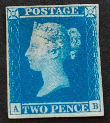 Lot 184 - 1841 2d Blue lettered A-B, with 4 small margins unused no gum and thinned but an attractive...