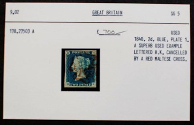 Lot 187 - 1840 2d Blue - Superb 4 margin example, plate 1, lettered H-K cancelled with a light red MX....
