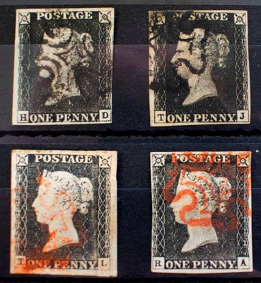 Lot 192 - QV 1d Blacks - small grouping of 4 1d Blacks on a stockcard. With a 4 margin black MX, 4 margin red